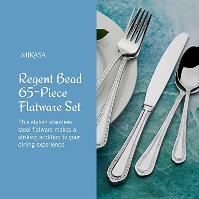 Mikasa Regent Bead 65-Piece Flatware Set for 12, 18/10 Stainless Steel Silverware with Full Service and Serving Utensils, Classic Beaded Edge Design - Image 3