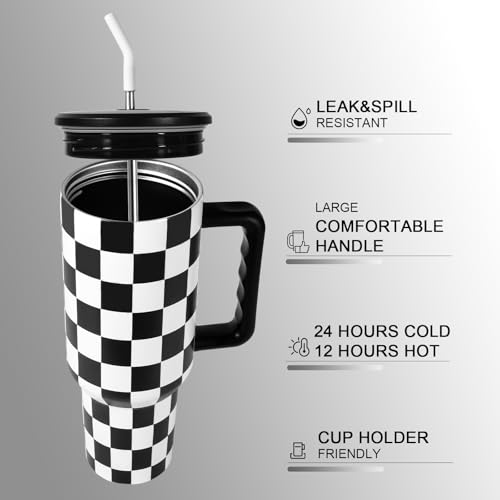 CHLJAR 40 oz Tumbler with Handle, Checkered Insulated Tumbler Stainless Steel Vacuum Water Bottle Cup Travel Coffee Mug Gifts for Men Women Birthday Christmas, Black and White - Image 3