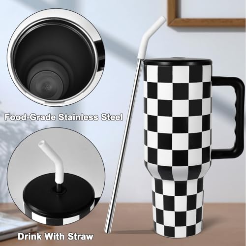 CHLJAR 40 oz Tumbler with Handle, Checkered Insulated Tumbler Stainless Steel Vacuum Water Bottle Cup Travel Coffee Mug Gifts for Men Women Birthday Christmas, Black and White - Image 4