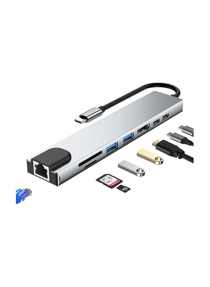 محول جميع في واحد USB C - محول HDMI، قارئ بطاقات شبكة Ethernet، هاب 8 في 1 مع منفذ HDMI 4K، 2 منفذ USB 3.0، 2 منفذ USB C، منفذ Ethernet، فتحات بطاقات SD/TF، متوافق مع MacBook، Chromebook. - Image 1