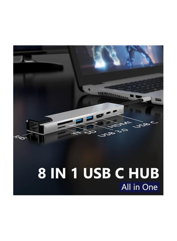 محول جميع في واحد USB C - محول HDMI، قارئ بطاقات شبكة Ethernet، هاب 8 في 1 مع منفذ HDMI 4K، 2 منفذ USB 3.0، 2 منفذ USB C، منفذ Ethernet، فتحات بطاقات SD/TF، متوافق مع MacBook، Chromebook. - Image 2