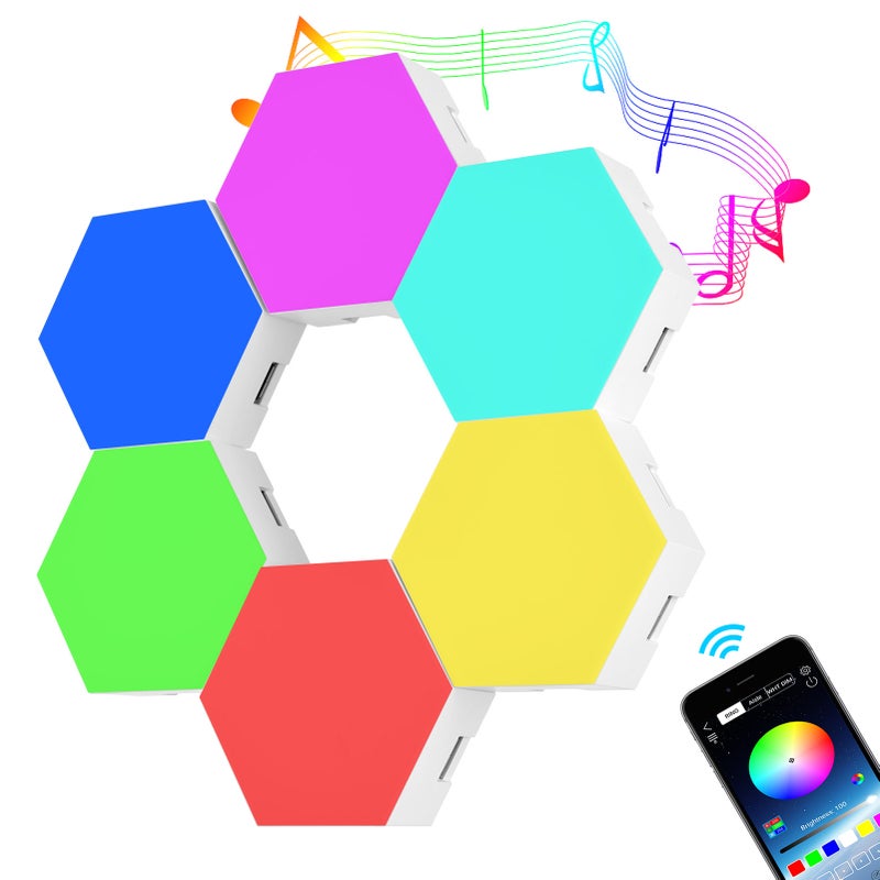6PCS Smart LED Sound Control RGB Hexagon Wall Light with Colorful Light Effect APP Control Sticky Pads for Bedroom Living Room Gaming - Image 1