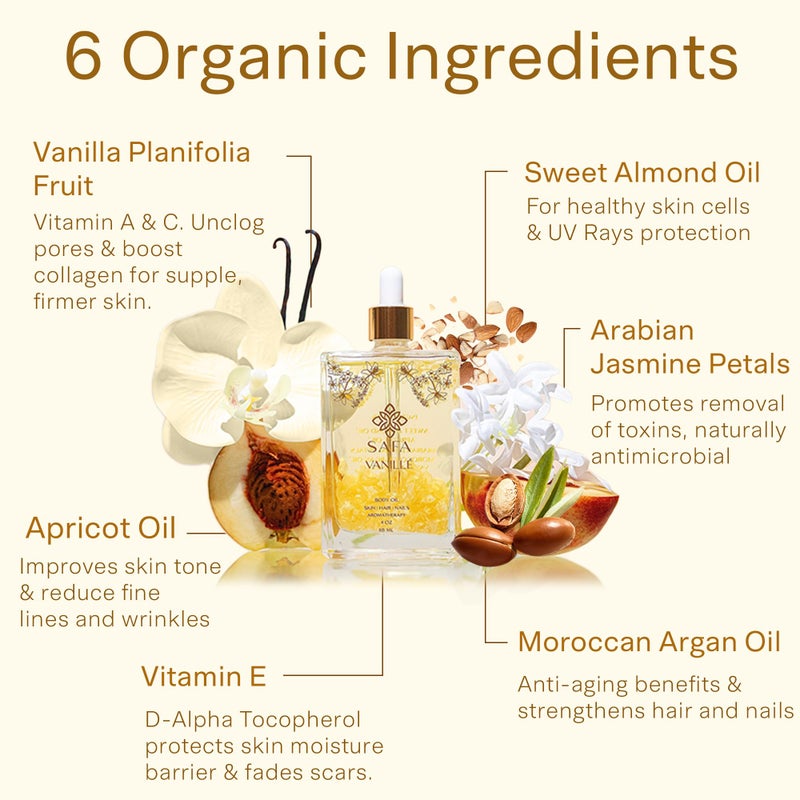 SAFA VanillÃ© Oil - Organic Oil for Face, Body, Hair, Nails & Aromatherapy | Vanilla Extract & Jasmine Petals - Essential Oil for Diffusers | After Shower Body Oil | Skin Moisturiser (4 Fl Oz) - Image 5