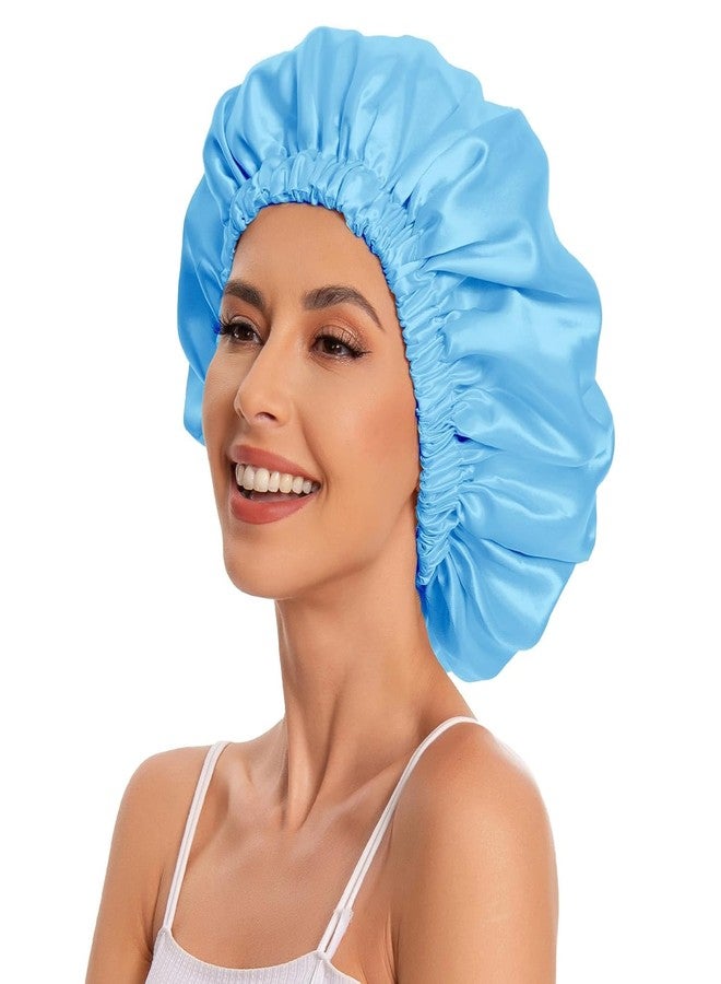 Vitalogy Satin Bonnet for Women - Double Layered Silk Sleep Cap for Curly Natural Long Hair with Elastic Band | Slouchy Night Beanie Hair Bonnet for Sleeping (Lake Blue) - Image 4