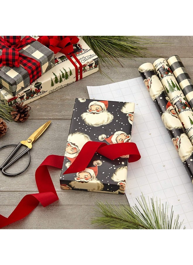 Hallmark Black Christmas Wrapping Paper With Cut Lines On Reverse (3 Rolls: 120 Sq. Ft. Ttl) Retro Santa, Black And White Buffalo Plaid, Train And Trees (0005Jxw1077)  - Image 2