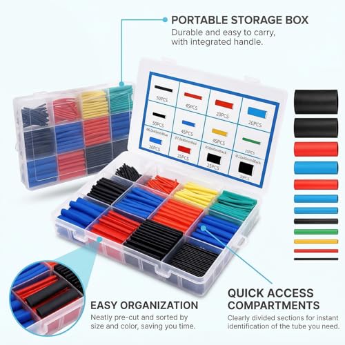 BELLOX ENTERPRISE BELLOX 560Pieces Heat Shrink Tubing 2:1- Electrical Wire Cable Sleeving Wrap, Cable Wrap Assortment Electric Insulation Heat Shrink Tube Kit with Box(5 colors/12 Sizes) Black, Red, Blue,Yellow,Green - Image 5