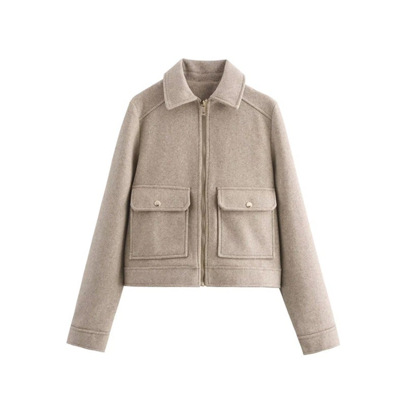 Cross-Border European and American Style Zippered Soft Jacket 2024 Autum New Loose Slimming Look Casual Woolen Top Khaki color 