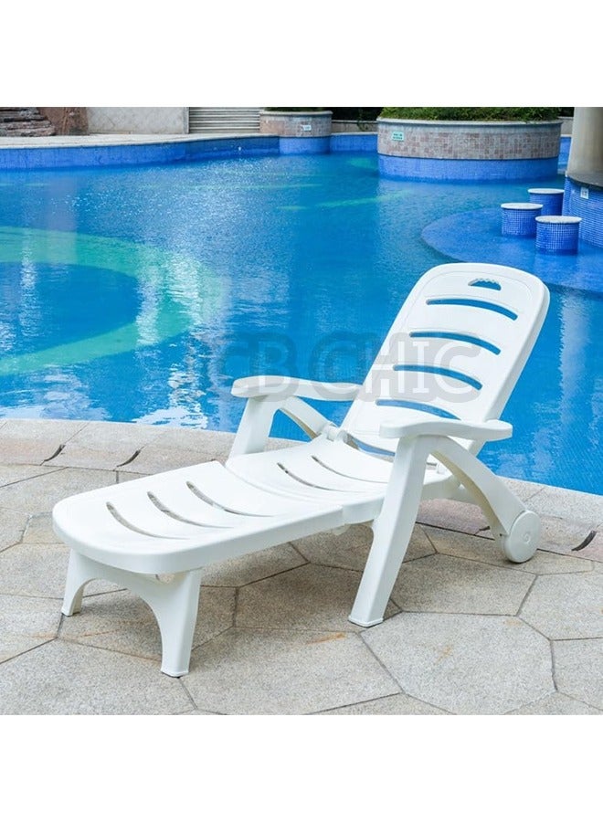 JCB CHIC Sunlounger set, White Plastic Sun Lounger and Table for Beach, Yard, Patio, Pool, Deck Foldable Outdoor Lounge Chair with Adjustable Backrest, Portable Sun Tanning Chair (Chair, White) - Image 1