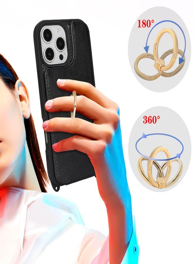 جراب Lipvina لهاتف iPhone 16 Pro مع حامل بطاقات وحزام للنساء، حبل للكتف، حامل حلقي، مشبك كبس، جرابات محفظة هاتف لطيفة 6.3 بوصة (أسود) - Image 3