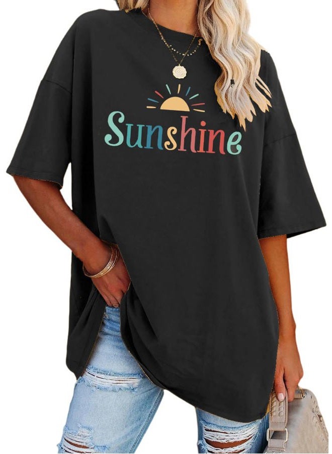 YEXIPO Women's Oversized T Shirts Summer Short Sleeve Loose Fit Casual Crewneck Plain Tunic Tops, Black-sunshine Print, L - Image 1