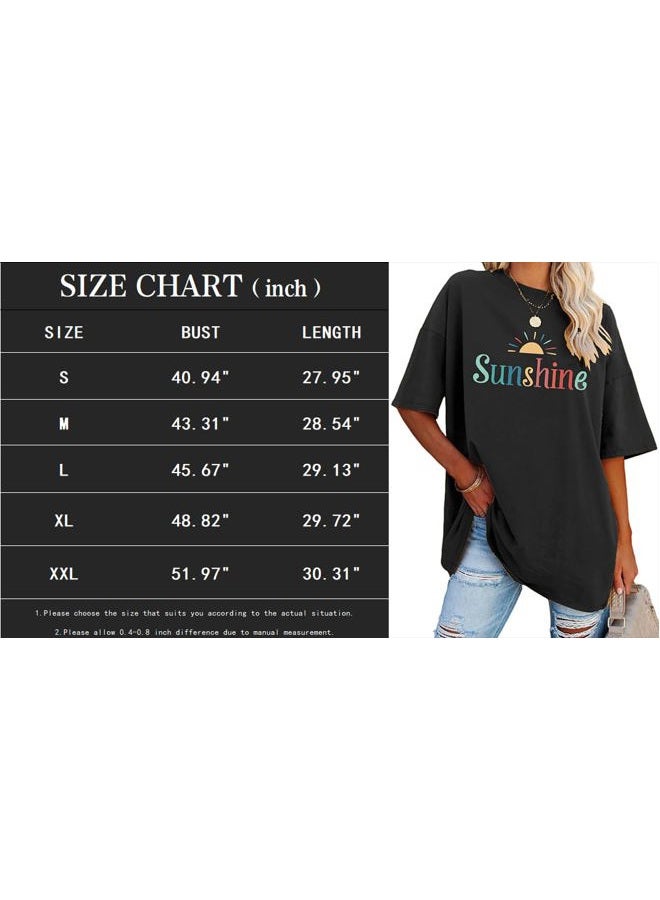 YEXIPO Women's Oversized T Shirts Summer Short Sleeve Loose Fit Casual Crewneck Plain Tunic Tops, Black-sunshine Print, L - Image 3
