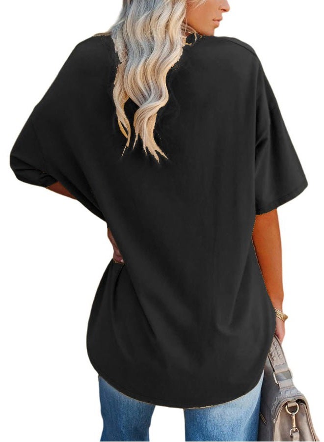 YEXIPO Women's Oversized T Shirts Summer Short Sleeve Loose Fit Casual Crewneck Plain Tunic Tops, Black-sunshine Print, L - Image 2