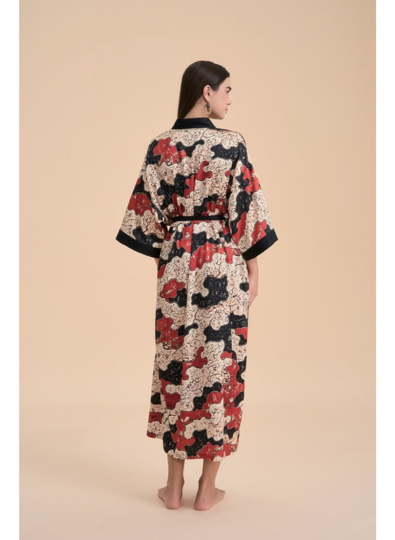 Closme Elegant Black Trimmed Paisley Satin Robe for Women - Comfortable Nightwear with Waist Tie - Image 2
