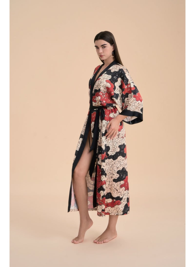 Closme Elegant Black Trimmed Paisley Satin Robe for Women - Comfortable Nightwear with Waist Tie - Image 1