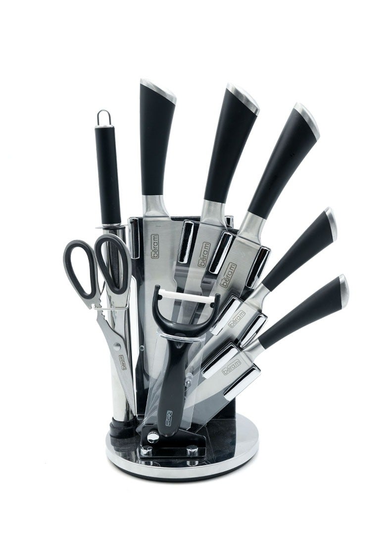 9 Pieces Kitchen Knife Sets Spinning Magnetic Block High Carbon Stainless Steel Blades Knife Non-stick Non-slip For Everyday Use and Includes Knife Sharpener and Scissors (Full covered edge) - Image 1
