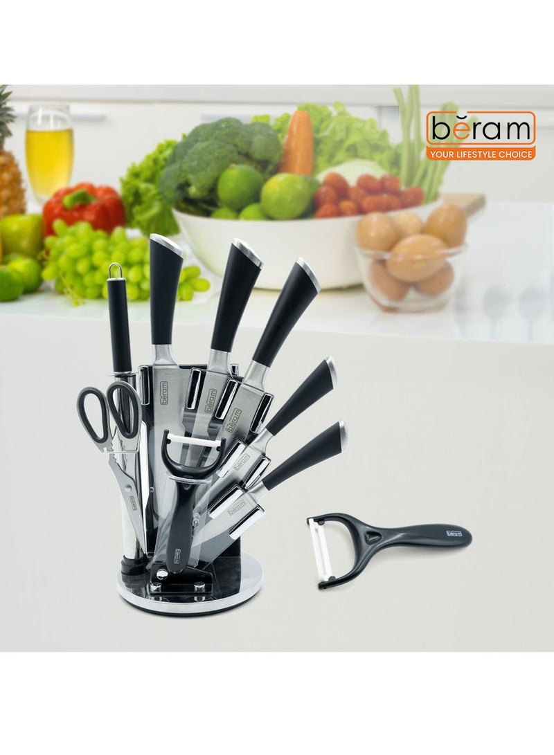 9 Pieces Kitchen Knife Sets Spinning Magnetic Block High Carbon Stainless Steel Blades Knife Non-stick Non-slip For Everyday Use and Includes Knife Sharpener and Scissors (Full covered edge) - Image 2