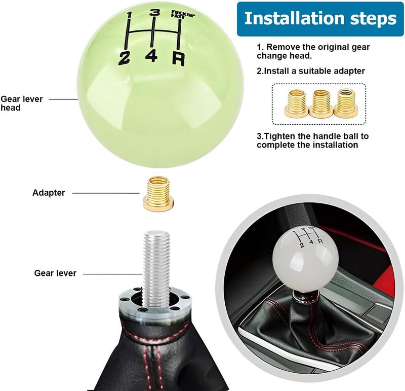 BESULEN Luminous Green Car Gear Shifter Head with 3 Adapters - 5 Speed Resin Shift Knob - Image 5