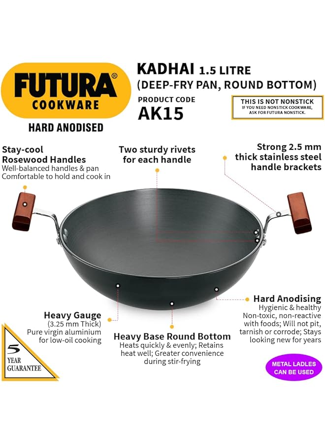 Hawkins Futura Hard Anodised Deep Fry Pan (Kadhai) Round Bottom Without Lid, 1.5 Litres, Black - Image 2