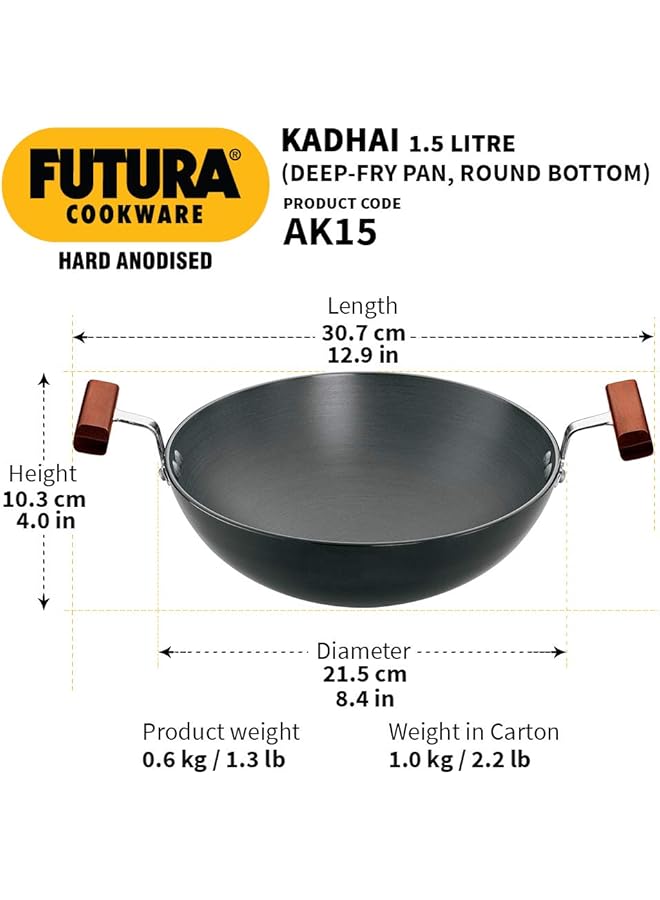 Hawkins Futura Hard Anodised Deep Fry Pan (Kadhai) Round Bottom Without Lid, 1.5 Litres, Black - Image 3