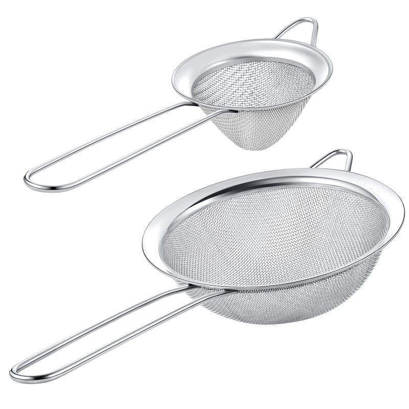 Kafoor Set of 2 Stainless Steel Mesh Strainers for Kitchen  55 inch Round Fine Mesh Strainer  34 inch Conical Strainer Fine Mesh  Ideal to Sieve Pasta Noodles Quinoa Tea Coffee Juices Flour