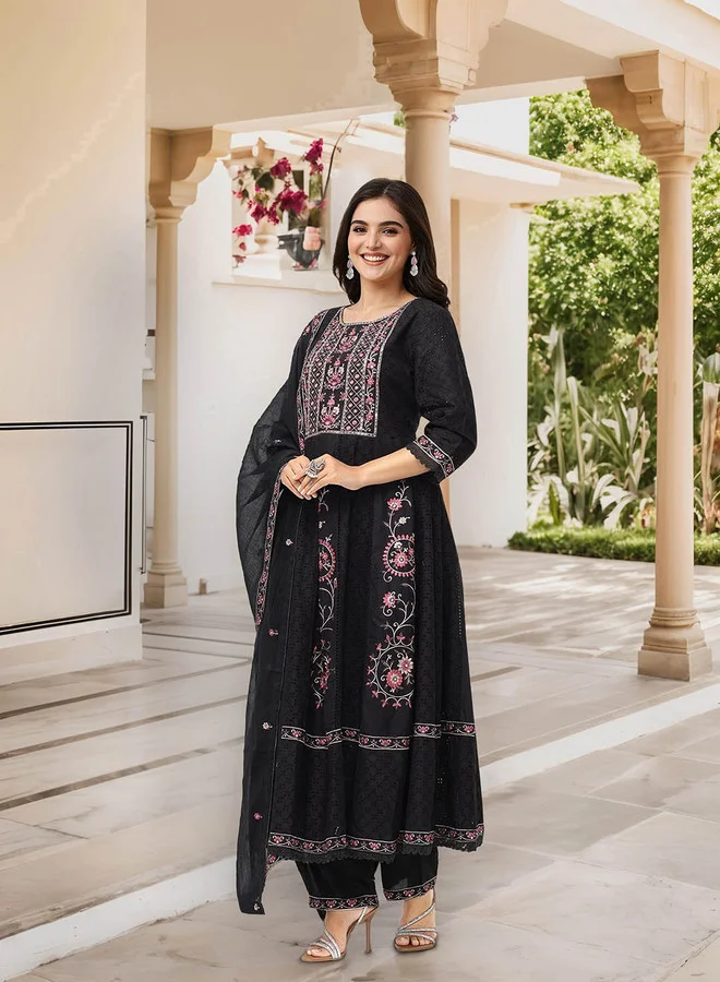 ISHIN Ethnic Motifs Embroidered Pure Cotton A-Line Kurta With Trousers & Dupatta