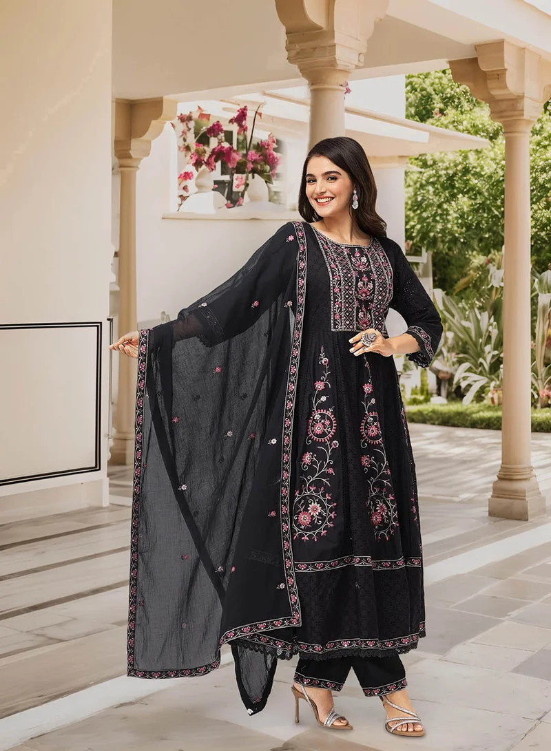 ISHIN Ethnic Motifs Embroidered Pure Cotton A-Line Kurta With Trousers & Dupatta