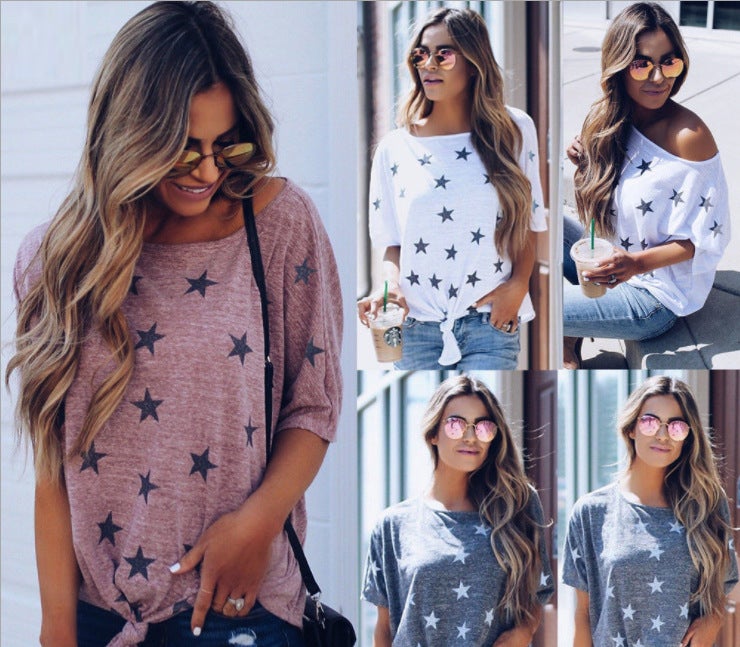 AliExpress Hot Ebay Wish Explosive Print One-Shoulder Loose Tie Knot Mid-Sleeve T-Shirt Women's white XL - Image 2