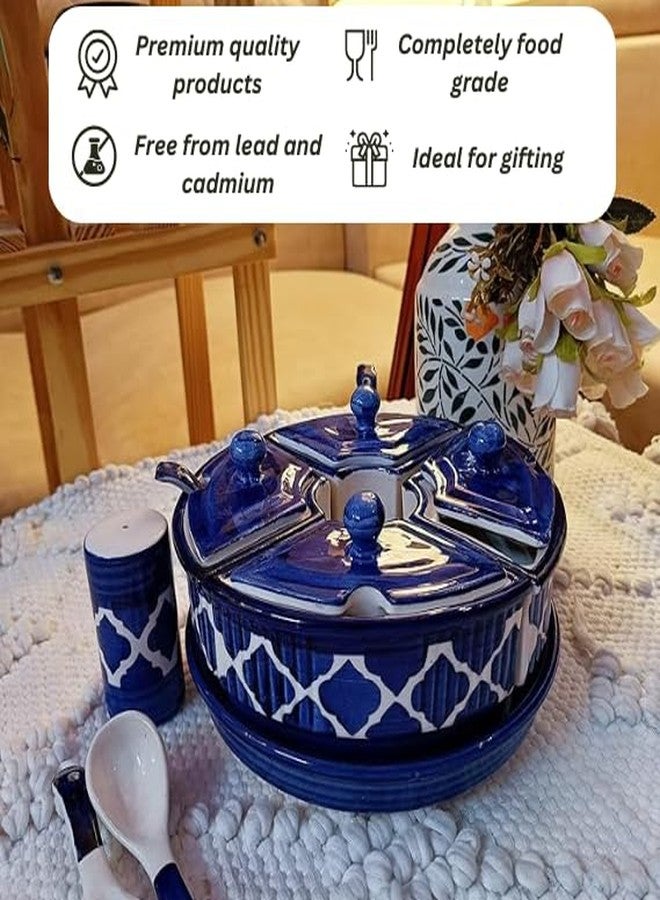 Niyara Multipurpose Storage Ceramic Pickle set Jars & with Lid & tray & spoon & Salt Dispenser (Set of 5, 300 ML) (Blue) - Image 3
