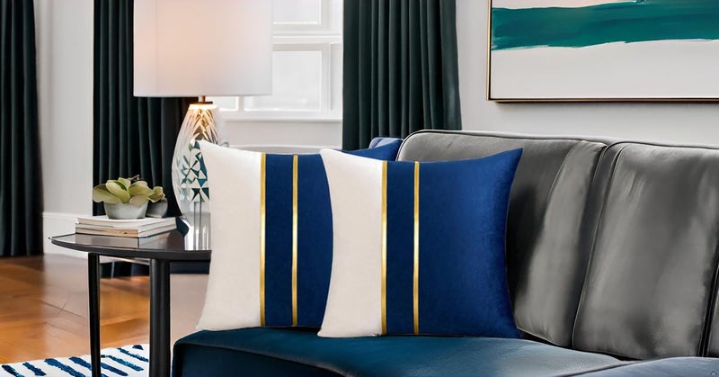 HIMS Velvet Sofa Pillow Cover Set of 2, Cushion Covers 16 inch x 16 inch for Cushion Covers Decor Living Room Sofa Bedroom Car (Navy Blue/White, 16x16 Inch) - Image 4