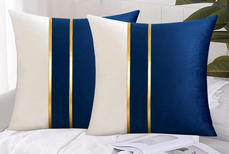 HIMS Velvet Sofa Pillow Cover Set of 2, Cushion Covers 16 inch x 16 inch for Cushion Covers Decor Living Room Sofa Bedroom Car (Navy Blue/White, 16x16 Inch) - Image 1
