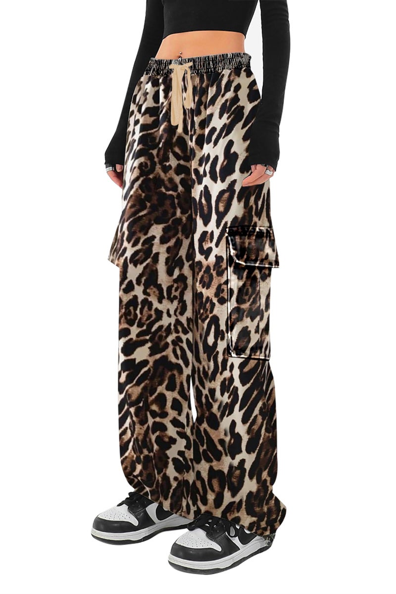 SESERAGI Cargo Pants Women Baggy Streetwear Y2K Drawstring Trousers Wide Leg Pants Cheetah Leopard Print Brown XL - Image 1