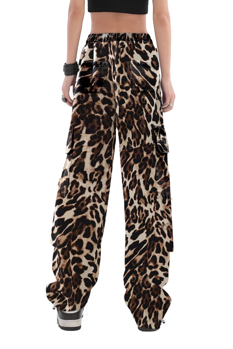 SESERAGI Cargo Pants Women Baggy Streetwear Y2K Drawstring Trousers Wide Leg Pants Cheetah Leopard Print Brown XL - Image 2