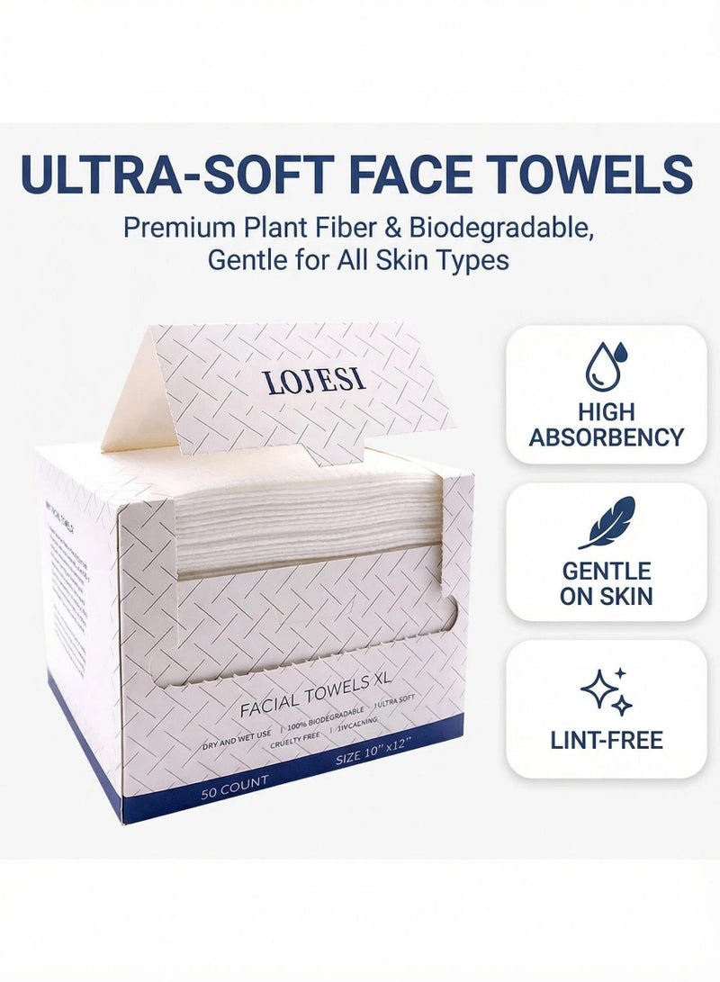 50PCS Disposable Face Towels 10x12 Inch, Soft Absorbent Biodegradable Face Towelettes for Sensitive Skin, Makeup Remover and Cleansing - Image 1