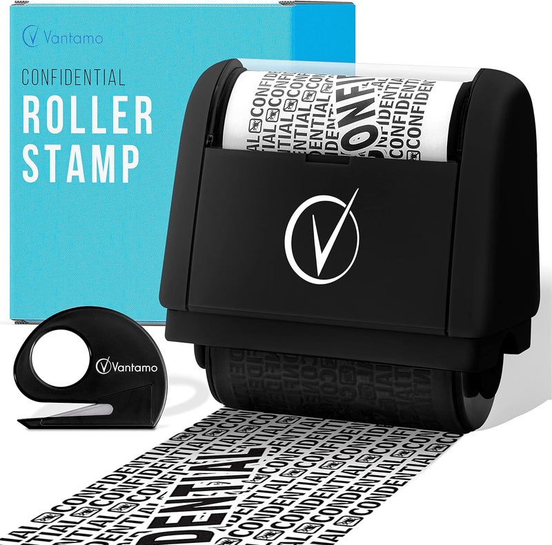 Vantamo Identity Protection Roller Stamps Wide Kit, Designed for Secure Confidential ID Blackout Security, Anti Theft and Privacy Safety (Classy Black, Stamp + 1 Box Cutter) - Image 1