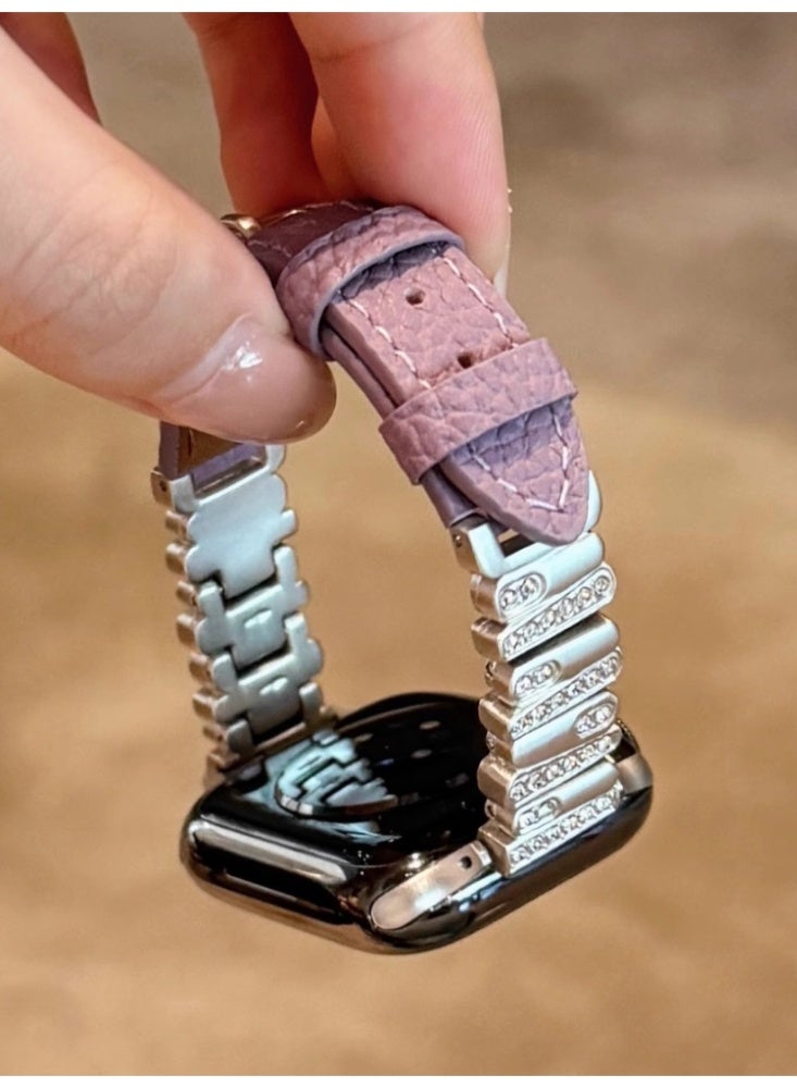 Luxurious Purple Leather Watch Strap with Irregular Diamond Studded Lychee Pattern, Starlight Buckle, Suitable for 49mm (Ultra) Watch - Image 1