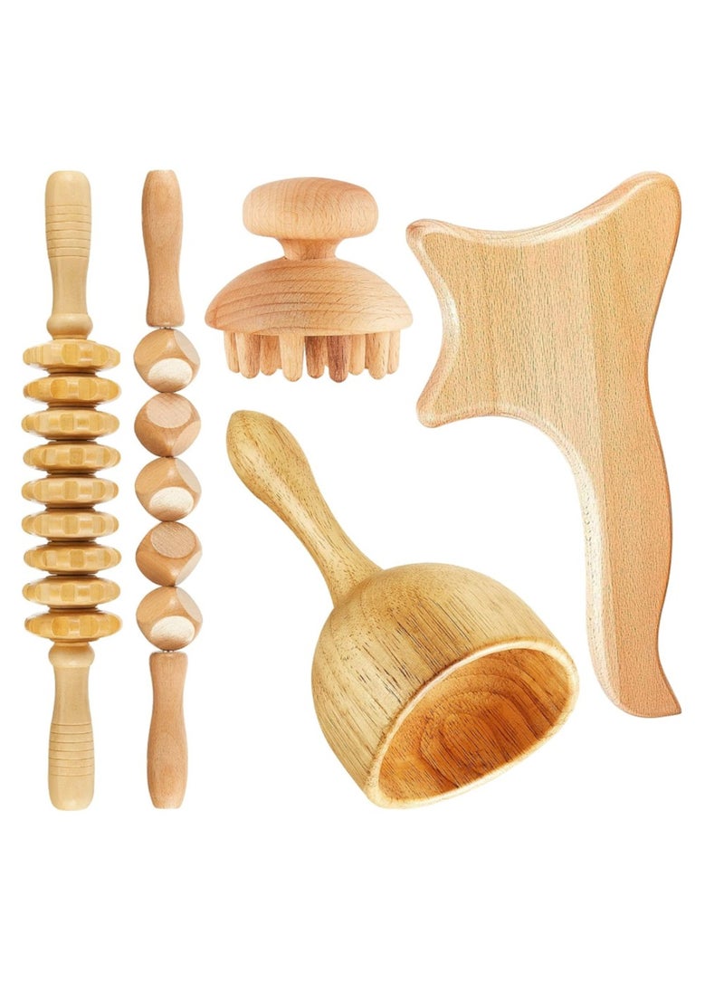 Arabest 5 Piece Wood Massage Tool Lymphatic Drainage Massager for Full Body And Head Muscle Pain Relief  - Image 1