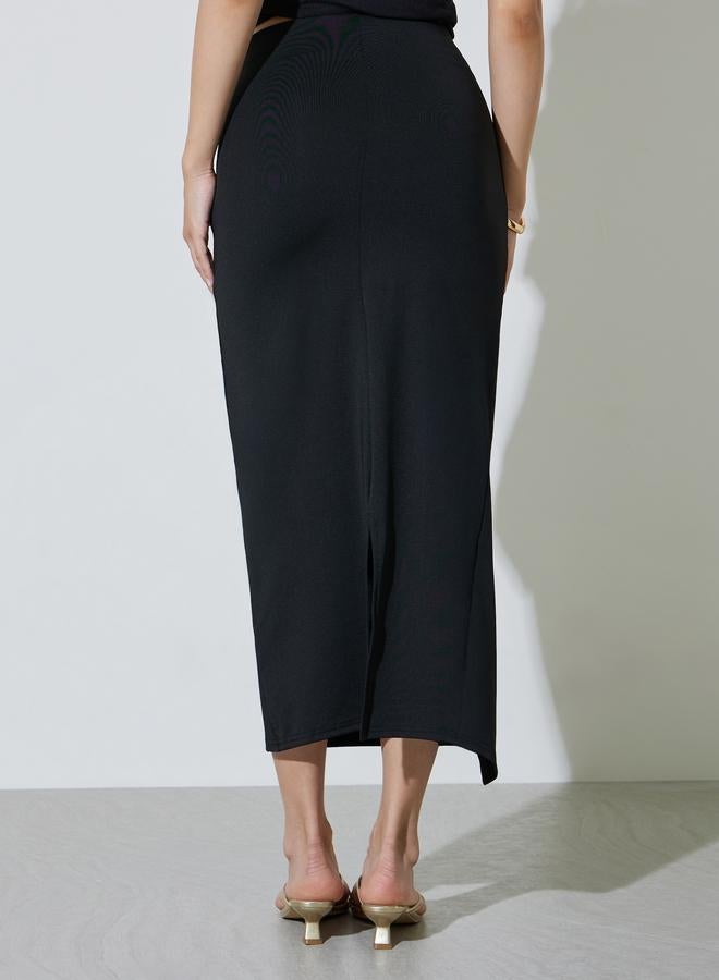 Take Two Black Pencil Midi Skirt with Decorative Buckles - Image 4