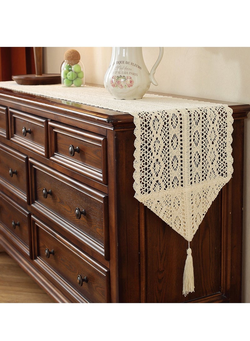 Beige Lace Cotton Crochet Lace Tablecloth with Tassel Tablebell Cotton Crochet Table Set Bohemian Wedding Tablecloth Wedding New House Decoration, Family Table Decoration (24x180cm) - Image 2