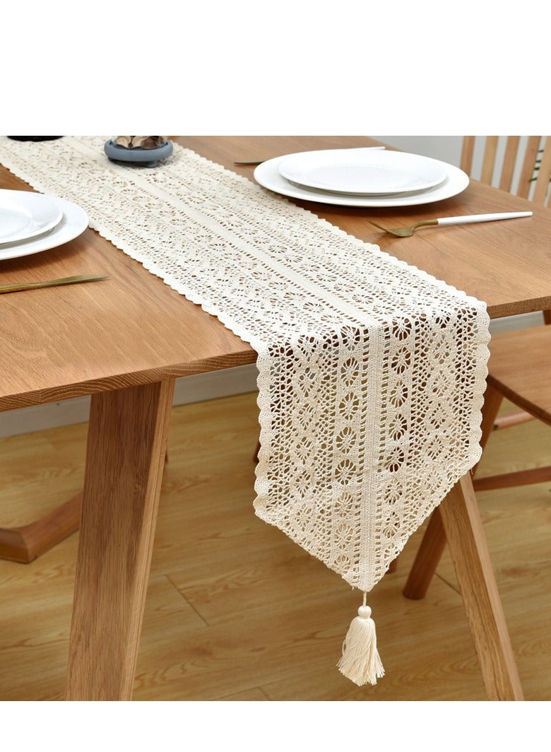 Beige Lace Cotton Crochet Lace Tablecloth with Tassel Tablebell Cotton Crochet Table Set Bohemian Wedding Tablecloth Wedding New House Decoration, Family Table Decoration (24x180cm) - Image 1