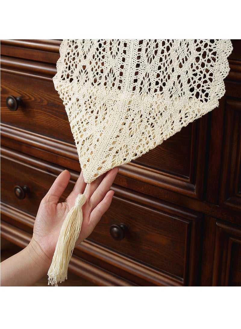 Beige Lace Cotton Crochet Lace Tablecloth with Tassel Tablebell Cotton Crochet Table Set Bohemian Wedding Tablecloth Wedding New House Decoration, Family Table Decoration (24x180cm) - Image 5