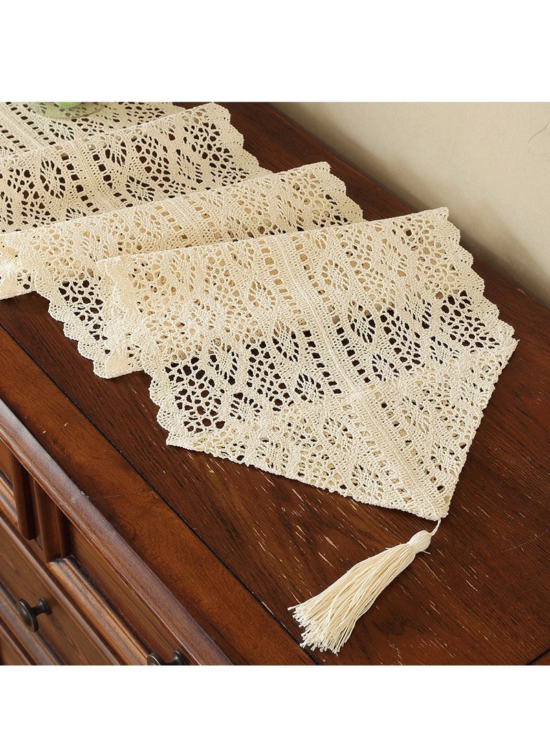 Beige Lace Cotton Crochet Lace Tablecloth with Tassel Tablebell Cotton Crochet Table Set Bohemian Wedding Tablecloth Wedding New House Decoration, Family Table Decoration (24x180cm) - Image 4