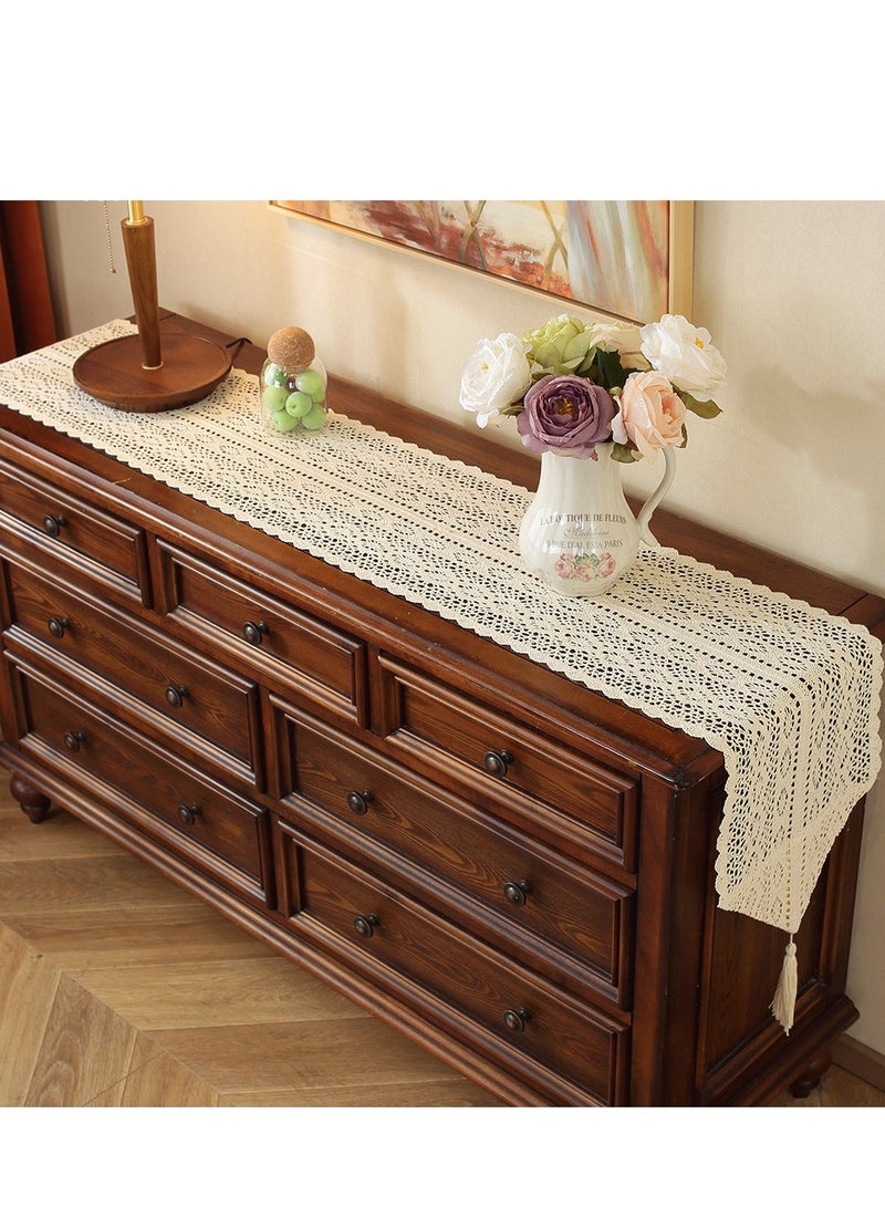 Beige Lace Cotton Crochet Lace Tablecloth with Tassel Tablebell Cotton Crochet Table Set Bohemian Wedding Tablecloth Wedding New House Decoration, Family Table Decoration (24x180cm) - Image 3