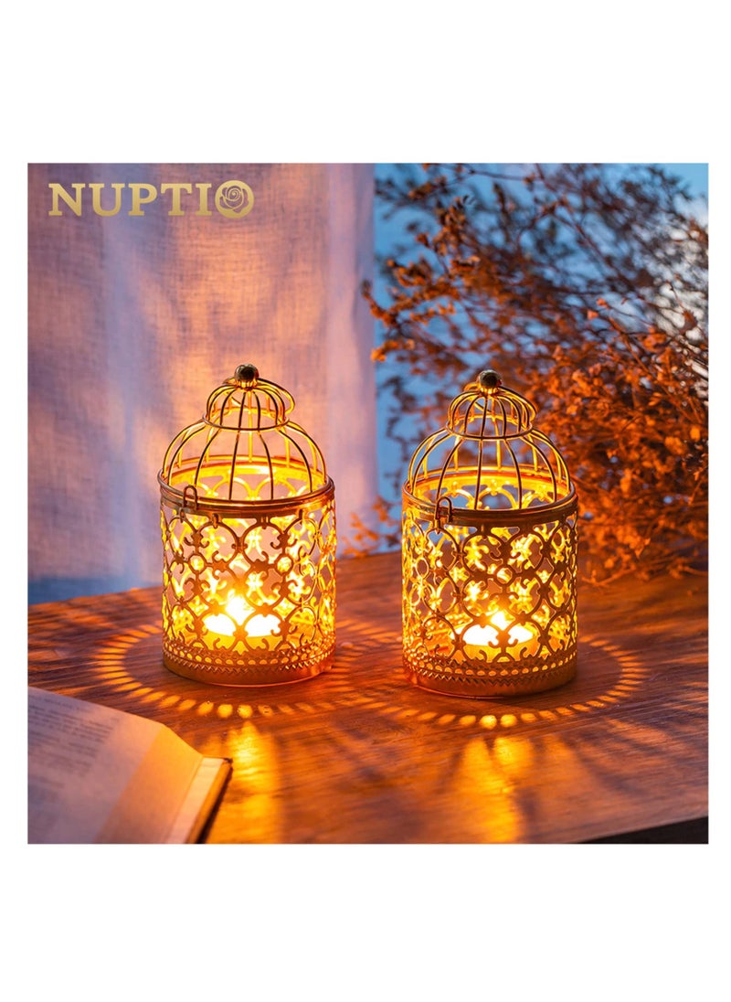 2 Pcs Small Metal Tealight Hanging Birdcage Lantern, Vintage Candle Holders, Vintage Decorative Centerpieces of Wedding, Party, Made of Metal, Sturdy Metal Ring, Serves as lighting for yard (Gold)  - Image 2