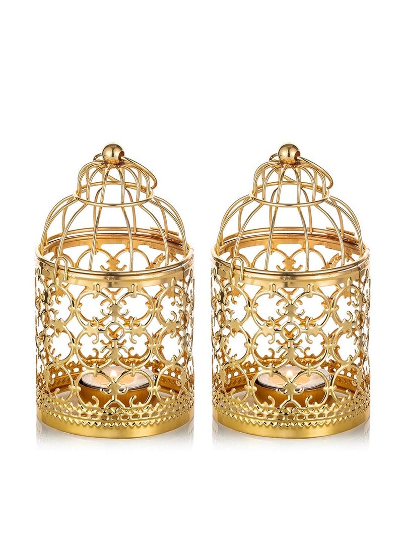 2 Pcs Small Metal Tealight Hanging Birdcage Lantern, Vintage Candle Holders, Vintage Decorative Centerpieces of Wedding, Party, Made of Metal, Sturdy Metal Ring, Serves as lighting for yard (Gold)  - Image 1