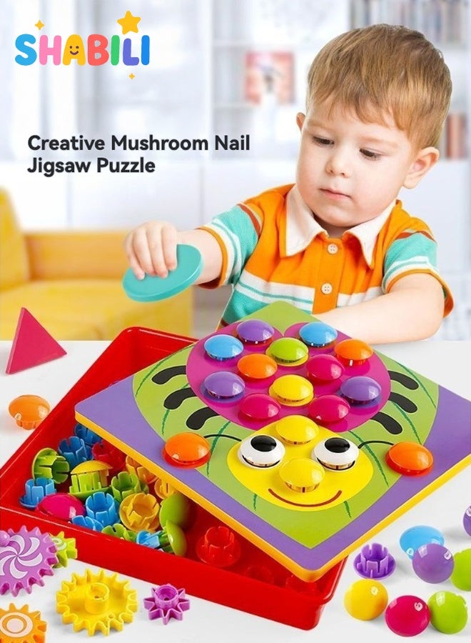 SHABILI Montessori Mushroom Peg Board Puzzle Color Matching Art Toy – 12 Pattern Cards & 50 Jumbo Snap-in Pegs with Storage Tray, Fine Motor Sorting Stacking Preschool Toddler Learning Game BPA Free ABS 3Y+ - Image 2