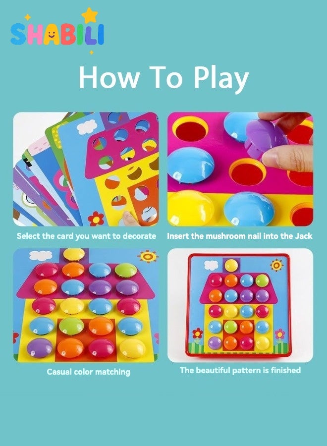 SHABILI Montessori Mushroom Peg Board Puzzle Color Matching Art Toy – 12 Pattern Cards & 50 Jumbo Snap-in Pegs with Storage Tray, Fine Motor Sorting Stacking Preschool Toddler Learning Game BPA Free ABS 3Y+ - Image 3