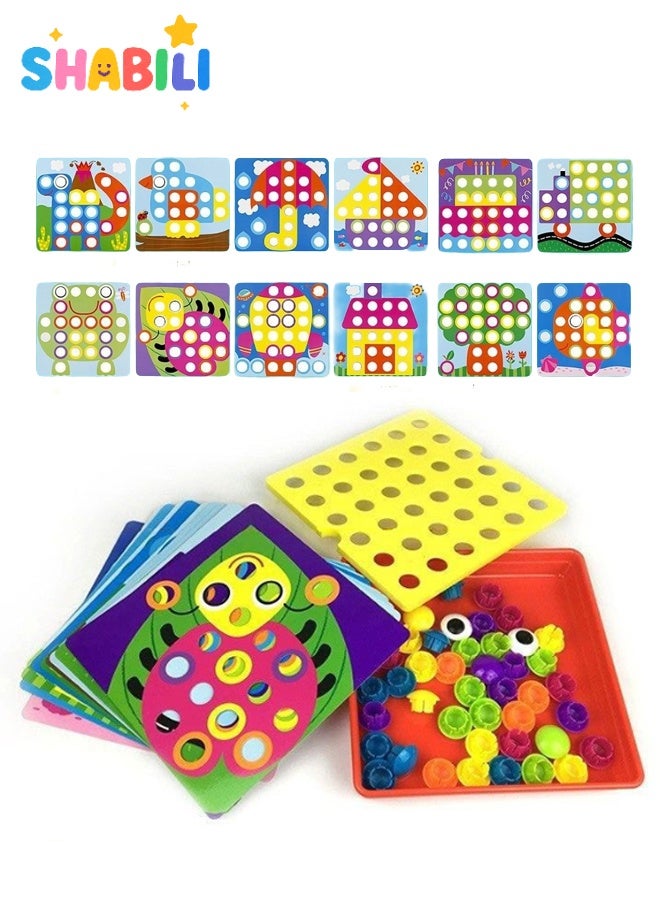 SHABILI Montessori Mushroom Peg Board Puzzle Color Matching Art Toy – 12 Pattern Cards & 50 Jumbo Snap-in Pegs with Storage Tray, Fine Motor Sorting Stacking Preschool Toddler Learning Game BPA Free ABS 3Y+ - Image 1