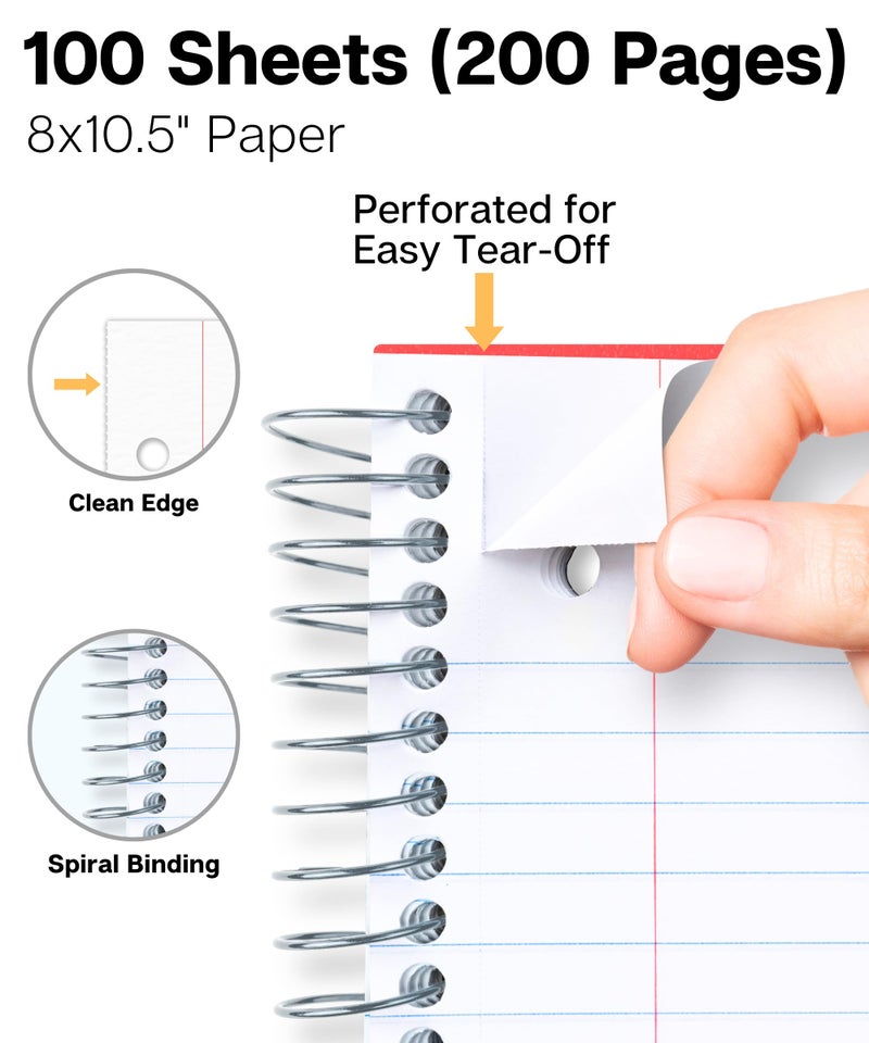 Dunwell 1 Subject Spiral Notebooks, (3-Pack, Red Blue Black) 8x10.5â€ Paper, Wide Ruled Lines, Plastic Covers, 100 Sheets (200 Pages), 3-Hole Punched Perforated Pages, Divider with Pockets - Image 3