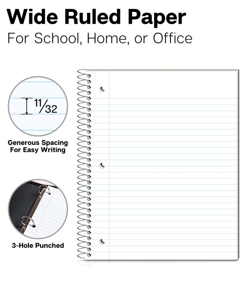Dunwell 1 Subject Spiral Notebooks, (3-Pack, Red Blue Black) 8x10.5â€ Paper, Wide Ruled Lines, Plastic Covers, 100 Sheets (200 Pages), 3-Hole Punched Perforated Pages, Divider with Pockets - Image 2