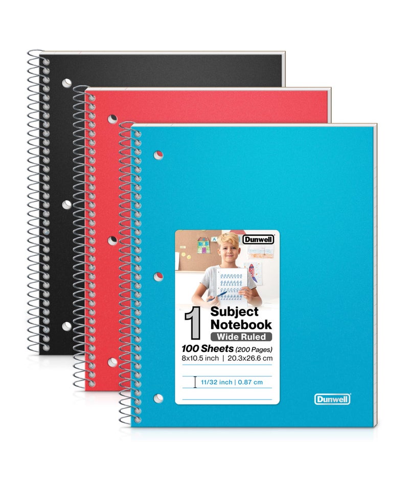 Dunwell 1 Subject Spiral Notebooks, (3-Pack, Red Blue Black) 8x10.5â€ Paper, Wide Ruled Lines, Plastic Covers, 100 Sheets (200 Pages), 3-Hole Punched Perforated Pages, Divider with Pockets - Image 1